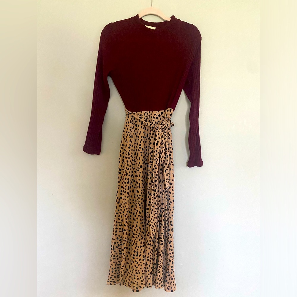Mixed media maxi dress. Maroon sweater top and animal print bottom.